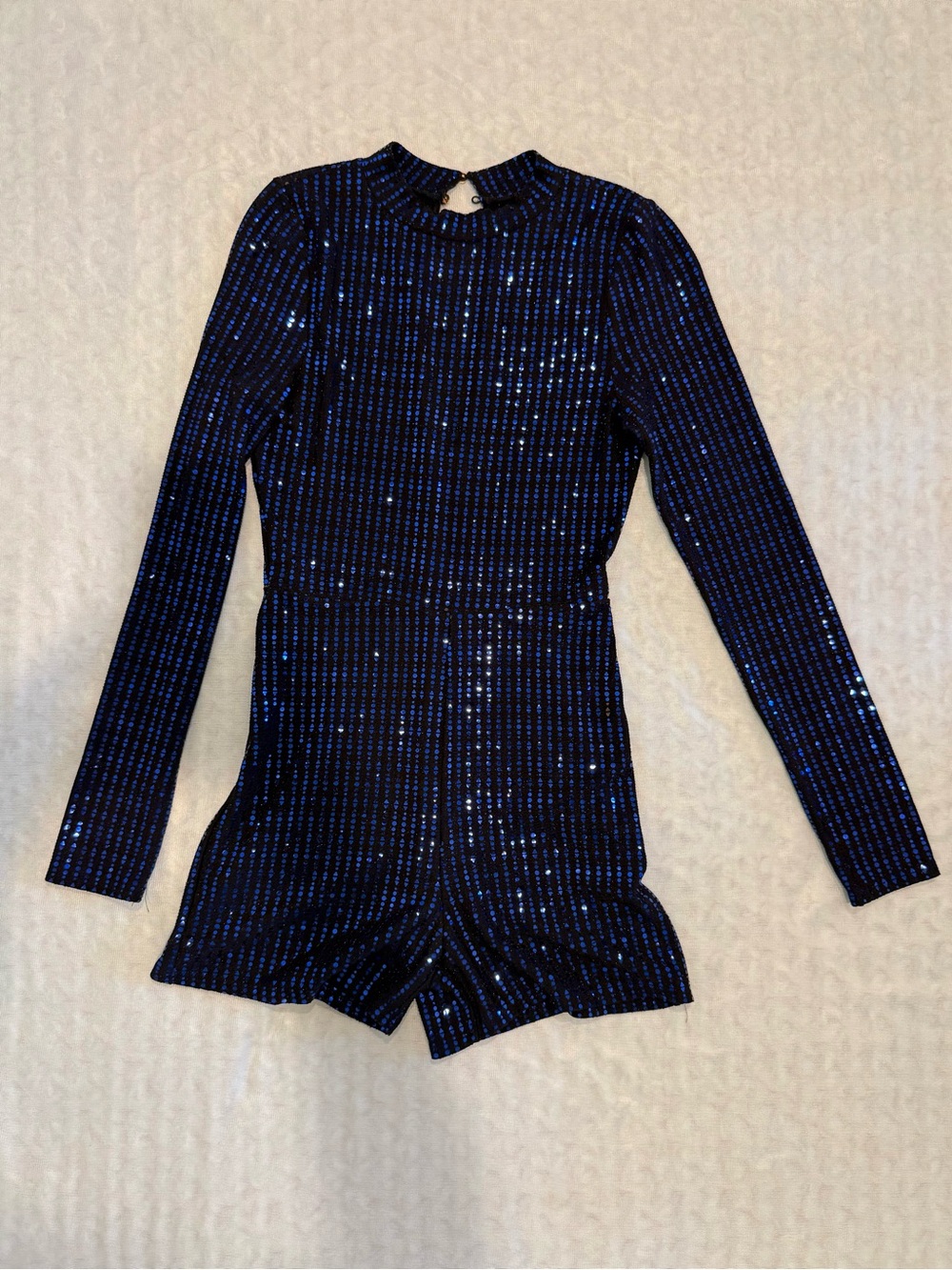 Long-Sleeve Sequin Romper in Black & Blue